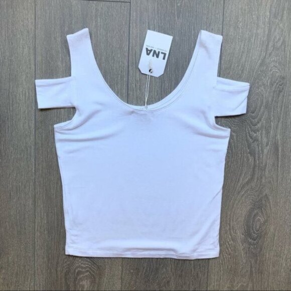 REVOLVE LNA Teresitas Crop Top Cut Out Cold Shoulder Boat neck Cotton White S - Picture 13 of 14